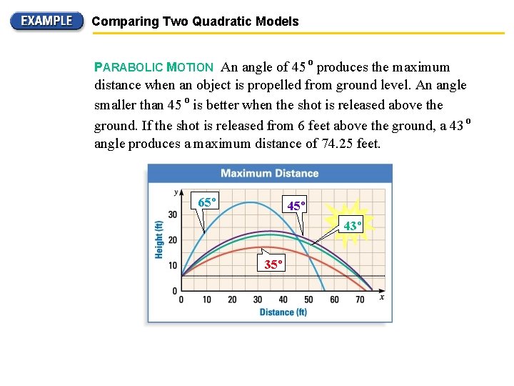 Comparing Two Quadratic Models PARABOLIC MOTION An angle of 45 º produces the maximum