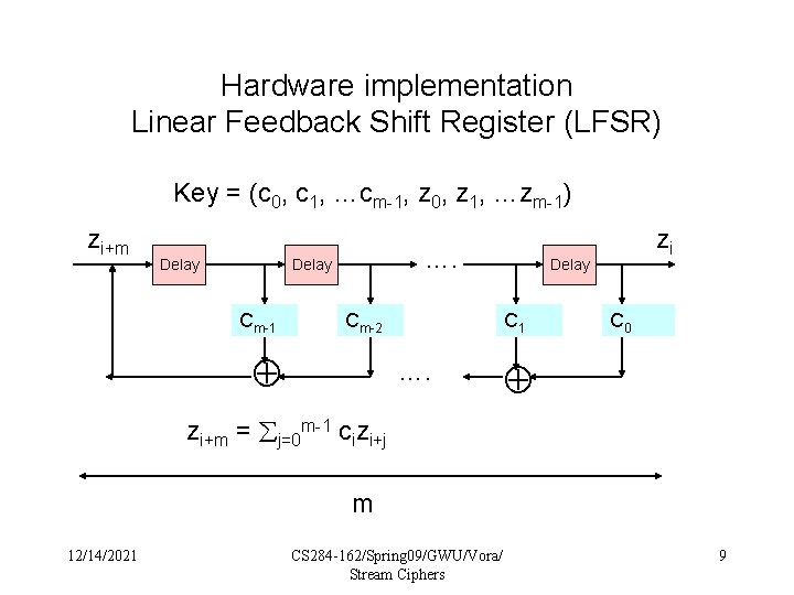 Hardware implementation Linear Feedback Shift Register (LFSR) Key = (c 0, c 1, …cm-1,