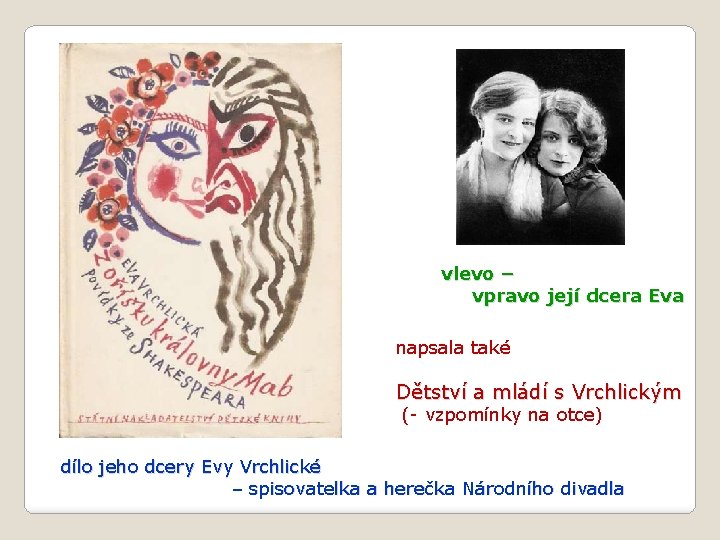 vlevo – vpravo její dcera Eva napsala také Dětství a mládí s Vrchlickým (-