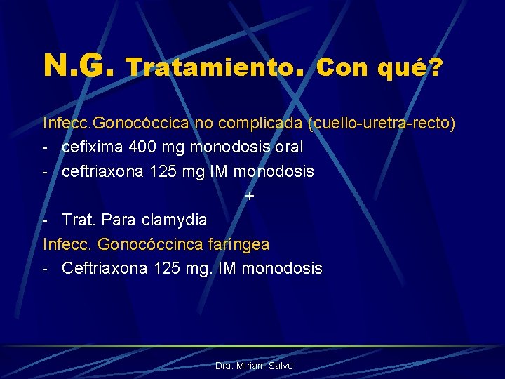 N. G. Tratamiento. Con qué? Infecc. Gonocóccica no complicada (cuello-uretra-recto) - cefixima 400 mg