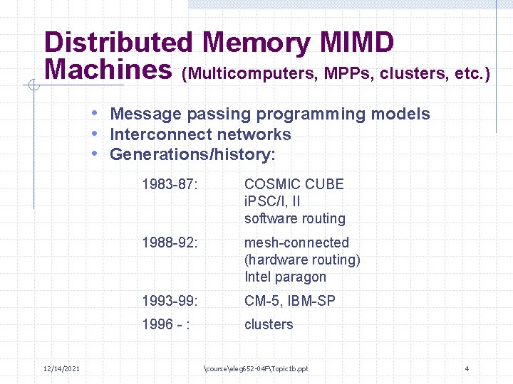 Distributed Memory MIMD Machines (Multicomputers, MPPs, clusters, etc. ) • Message passing programming models