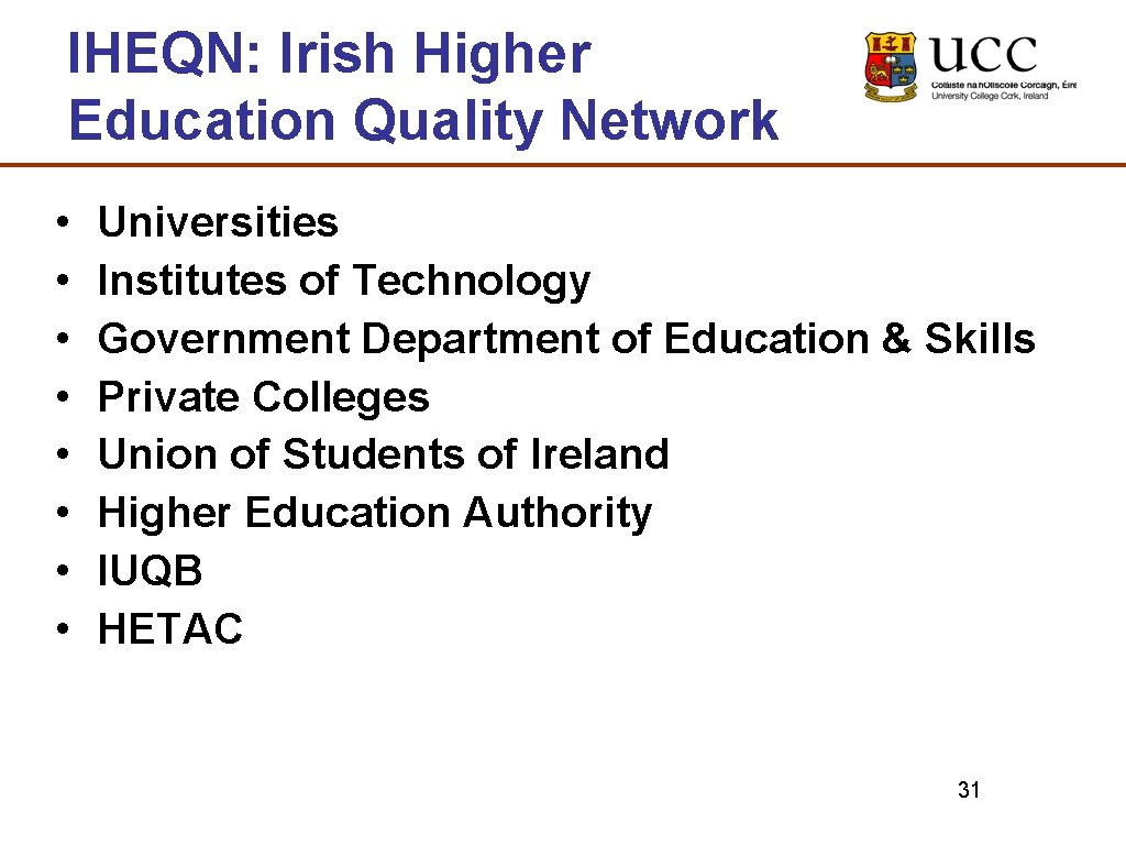 IHEQN: Irish Higher Education Quality Network • • Universities Institutes of Technology Government Department