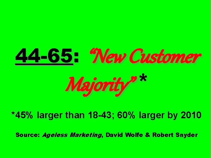 44 -65: “New Customer Majority” * *45% larger than 18 -43; 60% larger by