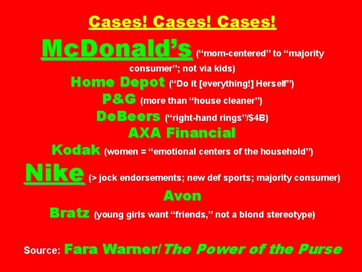 Cases! Mc. Donald’s (“mom-centered” to “majority consumer”; not via kids) Home Depot (“Do it