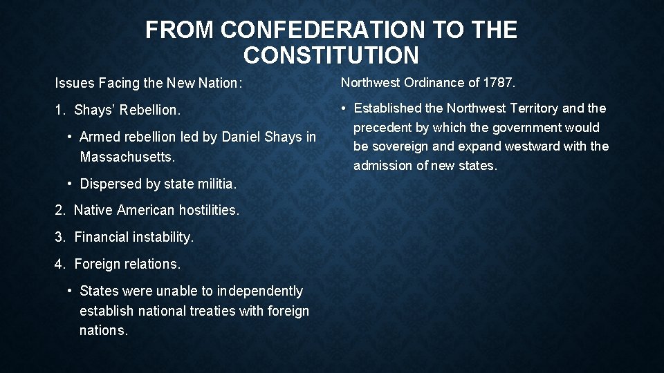 FROM CONFEDERATION TO THE CONSTITUTION Issues Facing the New Nation: Northwest Ordinance of 1787.