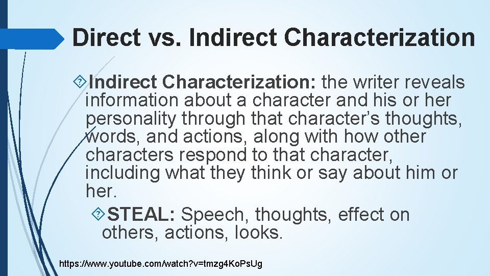 Direct vs. Indirect Characterization: the writer reveals information about a character and his or