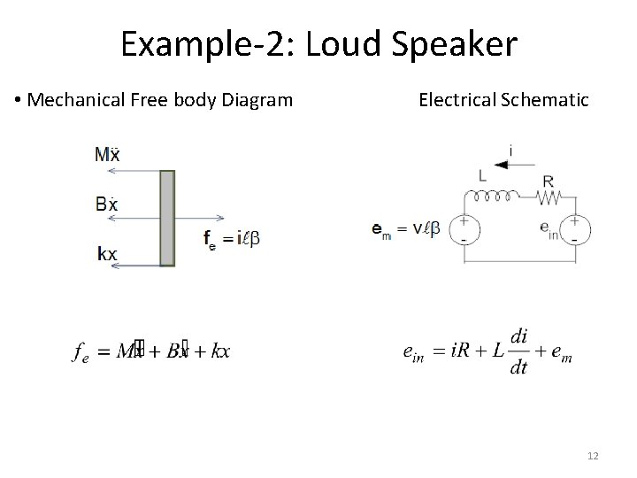 Example-2: Loud Speaker • Mechanical Free body Diagram Electrical Schematic 12 