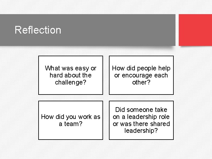 Reflection What was easy or hard about the challenge? How did people help or