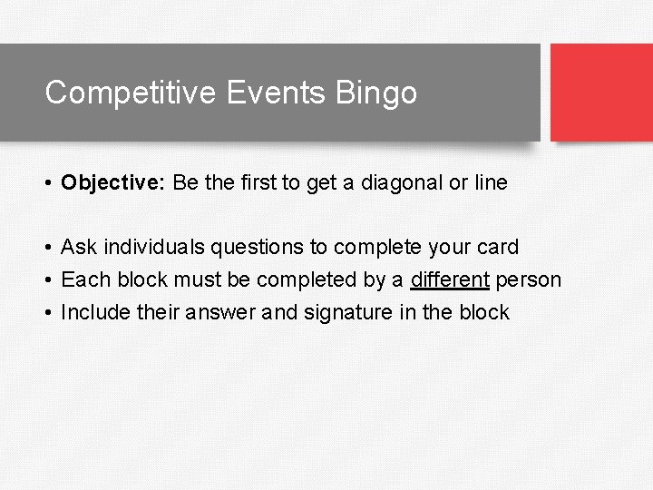 Competitive Events Bingo • Objective: Be the first to get a diagonal or line