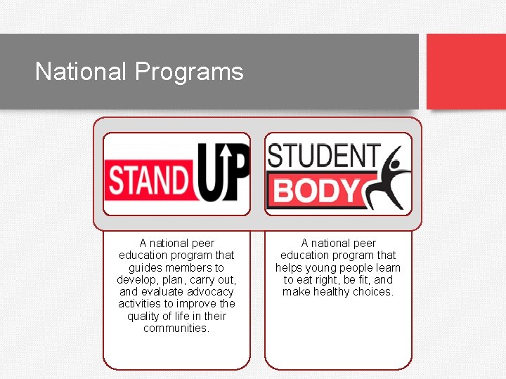National Programs A national peer education program that guides members to develop, plan, carry