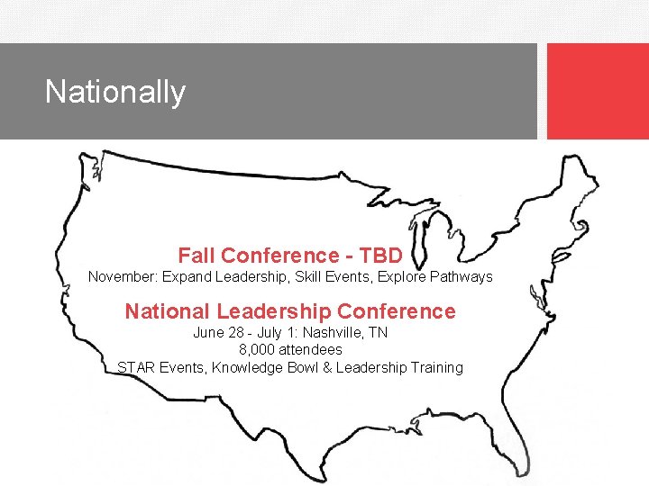 Nationally Fall Conference - TBD November: Expand Leadership, Skill Events, Explore Pathways National Leadership