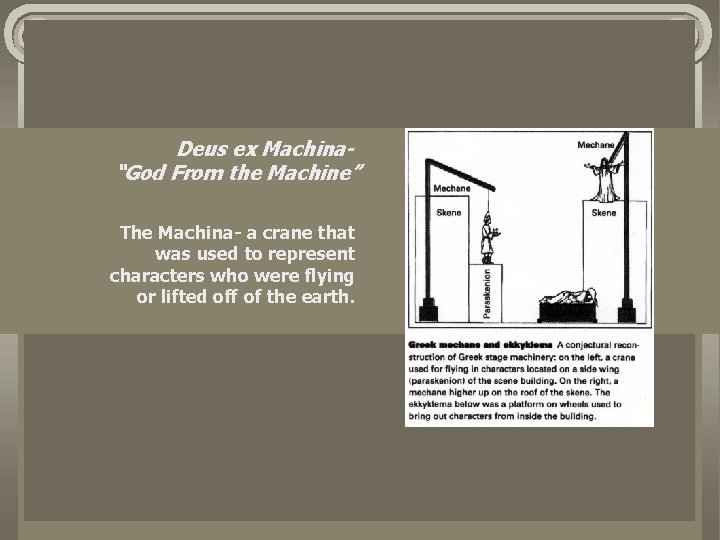 Deus ex Machina“God From the Machine” The Machina- a crane that was used to