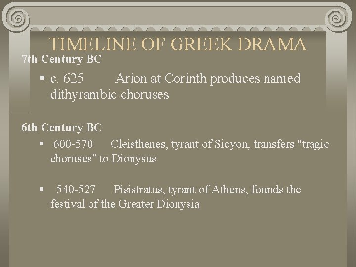 TIMELINE OF GREEK DRAMA 7 th Century BC § c. 625 Arion at Corinth