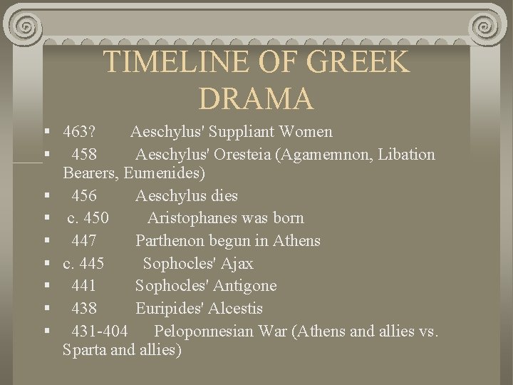 TIMELINE OF GREEK DRAMA § 463? § 458 § § § § Aeschylus' Suppliant