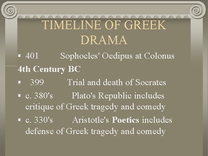 TIMELINE OF GREEK DRAMA § 401 Sophocles' Oedipus at Colonus 4 th Century BC