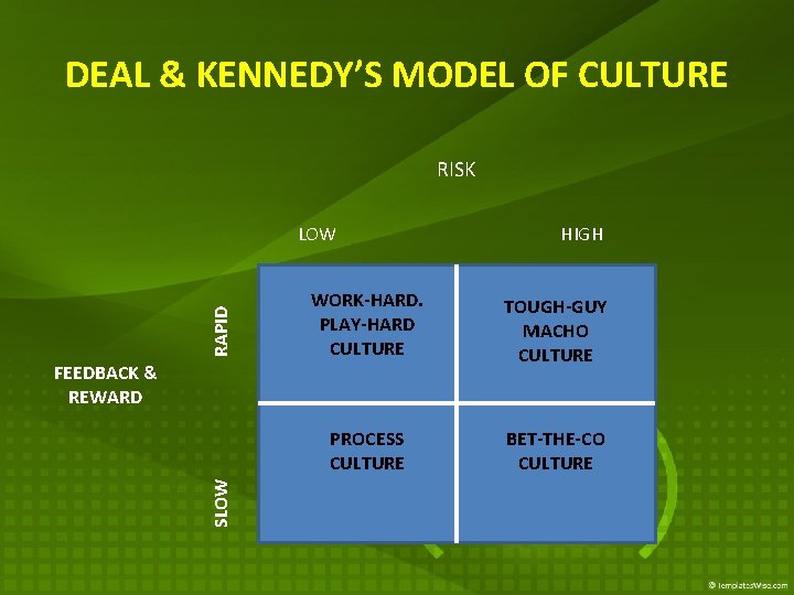 DEAL & KENNEDY’S MODEL OF CULTURE RISK RAPID LOW WORK-HARD. PLAY-HARD CULTURE TOUGH-GUY MACHO