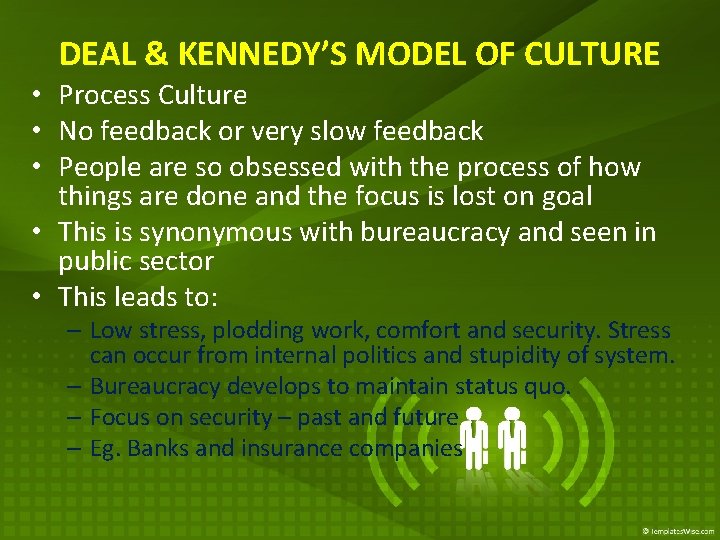 DEAL & KENNEDY’S MODEL OF CULTURE • Process Culture • No feedback or very