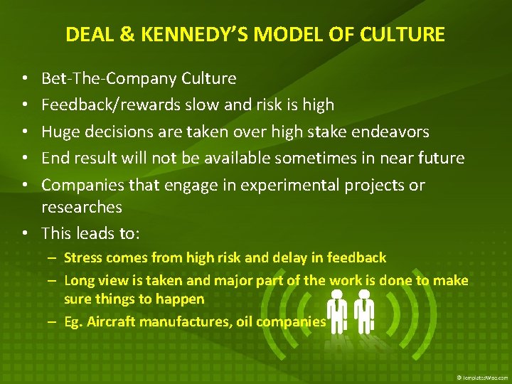 DEAL & KENNEDY’S MODEL OF CULTURE Bet-The-Company Culture Feedback/rewards slow and risk is high