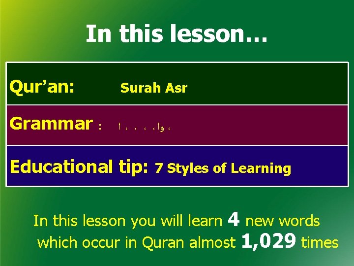 In this lesson… Qur’an: Surah Asr Grammar : ﺍ ، ، ﻭﺍ ، Educational