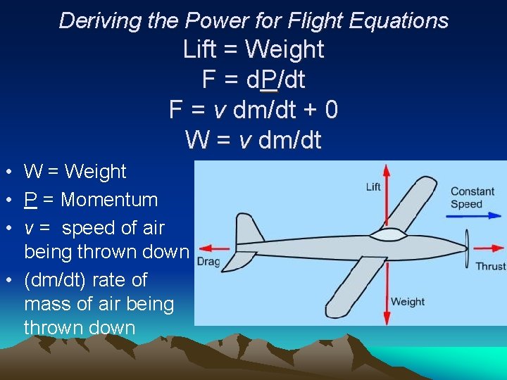 Deriving the Power for Flight Equations Lift = Weight F = d. P/dt F