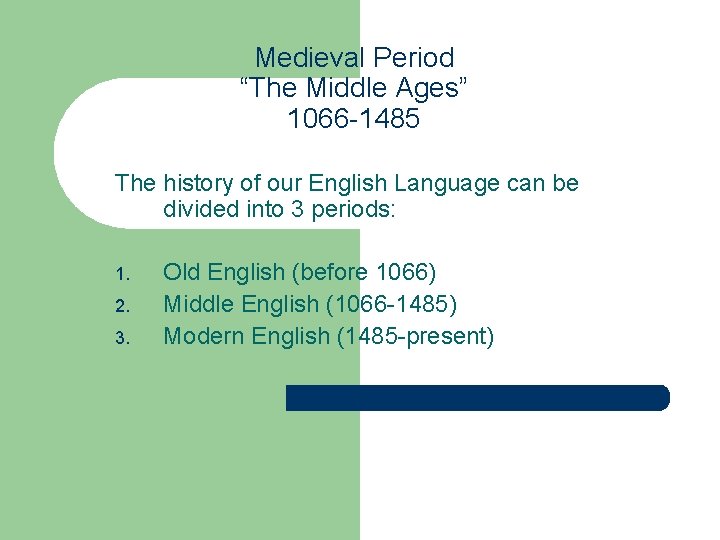 Medieval Period “The Middle Ages” 1066 -1485 The history of our English Language can