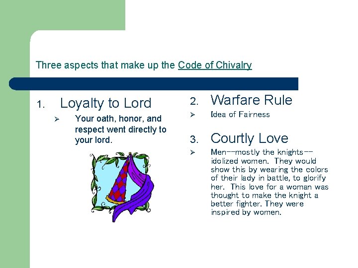 Three aspects that make up the Code of Chivalry Loyalty to Lord 1. Ø