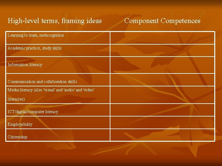 High-level terms, framing ideas Learning to learn, metacognition Academic practice, study skills Information literacy