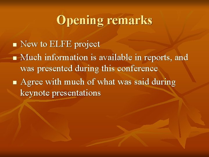 Opening remarks n n n New to ELFE project Much information is available in