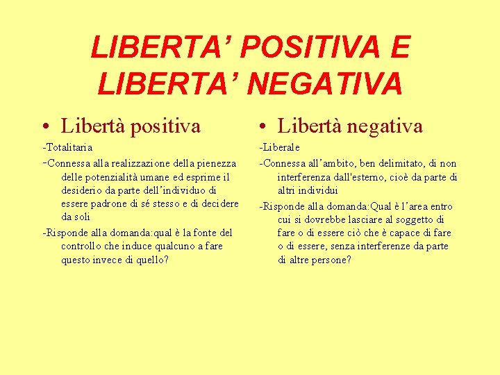 LIBERTA’ POSITIVA E LIBERTA’ NEGATIVA • Libertà positiva • Libertà negativa -Totalitaria -Connessa alla