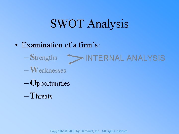 SWOT Analysis • Examination of a firm’s: – Strengths – Weaknesses – Opportunities –