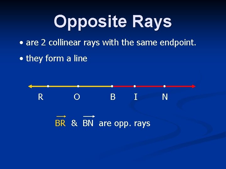 Opposite Rays • are 2 collinear rays with the same endpoint. • they form