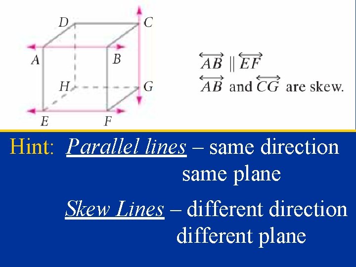 Hint: Parallel lines – same direction same plane Skew Lines – different direction different