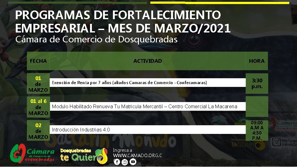 PROGRAMAS DE FORTALECIMIENTO EMPRESARIAL – MES DE MARZO/2021 Cámara de Comercio de Dosquebradas FECHA