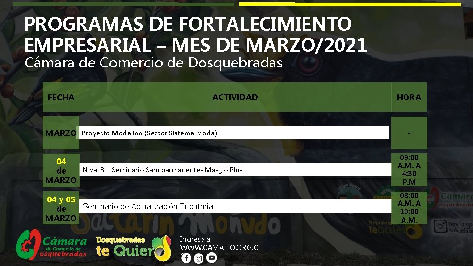 PROGRAMAS DE FORTALECIMIENTO EMPRESARIAL – MES DE MARZO/2021 Cámara de Comercio de Dosquebradas FECHA