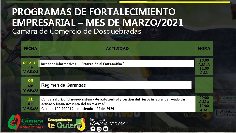 PROGRAMAS DE FORTALECIMIENTO EMPRESARIAL – MES DE MARZO/2021 Cámara de Comercio de Dosquebradas FECHA