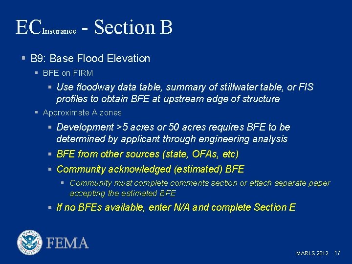 ECInsurance - Section B § B 9: Base Flood Elevation § BFE on FIRM