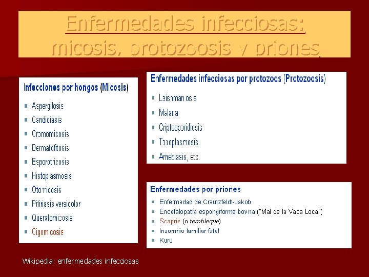 Enfermedades infecciosas: micosis, protozoosis y priones Wikipedia: enfermedades infecciosas Enfermedades infecciosas: micosis, protozoosis y priones Wikipedia: enfermedades infecciosas