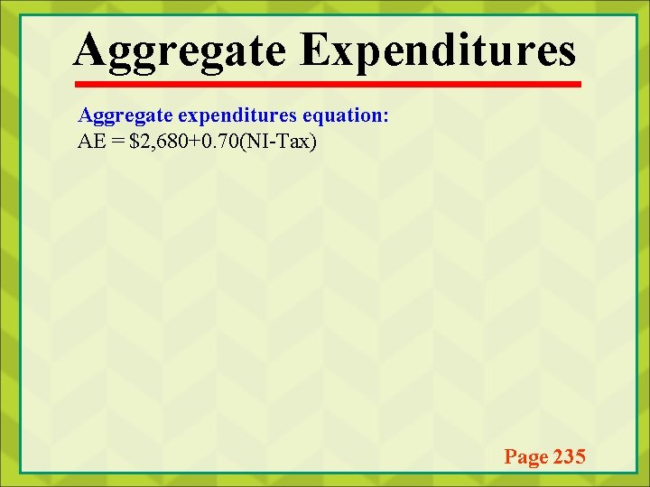 Aggregate Expenditures Aggregate expenditures equation: AE = $2, 680+0. 70(NI-Tax) Page 235 