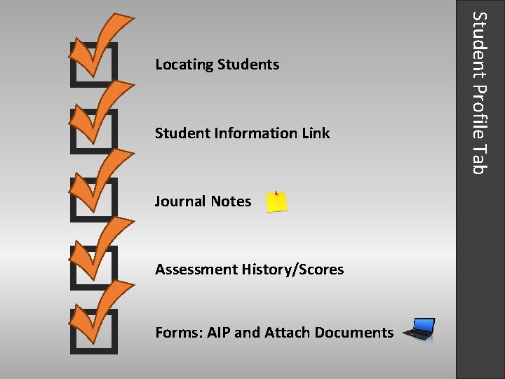 Student Information Link Journal Notes Assessment History/Scores Forms: AIP and Attach Documents Student Profile