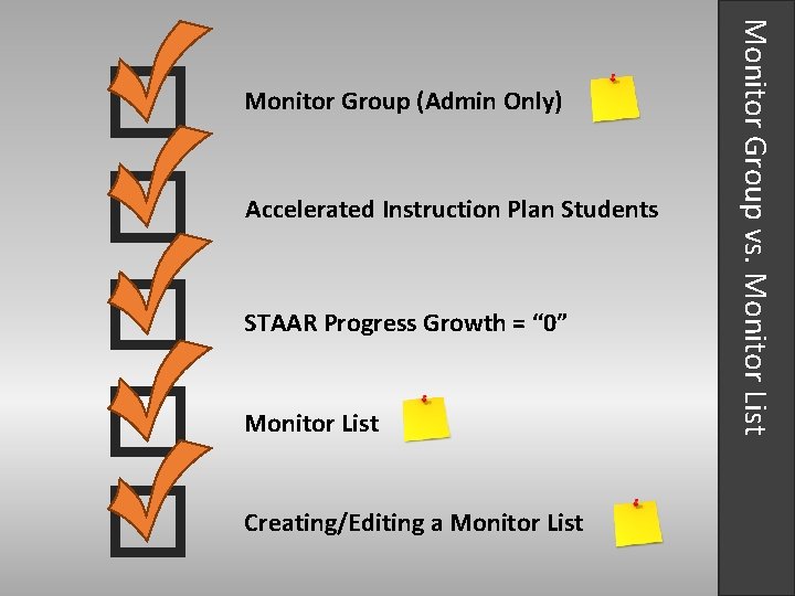 Accelerated Instruction Plan Students STAAR Progress Growth = “ 0” Monitor List Creating/Editing a