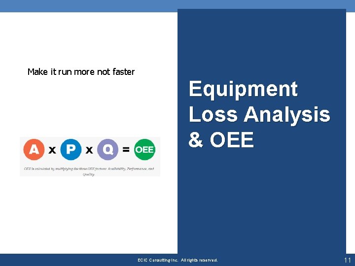 Make it run more not faster Equipment Loss Analysis & OEE ECIC Consulting Inc.