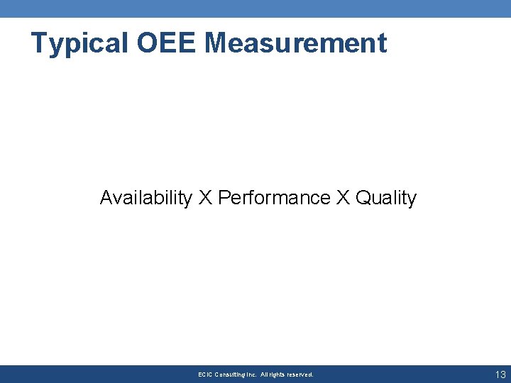 Typical OEE Measurement Availability X Performance X Quality ECIC Consulting Inc. All rights reserved.