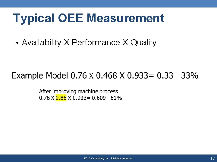 Typical OEE Measurement • Availability X Performance X Quality ECIC Consulting Inc. All rights