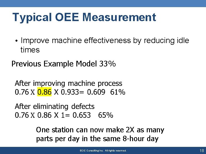 Typical OEE Measurement • Improve machine effectiveness by reducing idle times Previous Example Model