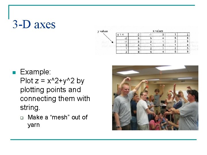 3 -D axes n Example: Plot z = x^2+y^2 by plotting points and connecting