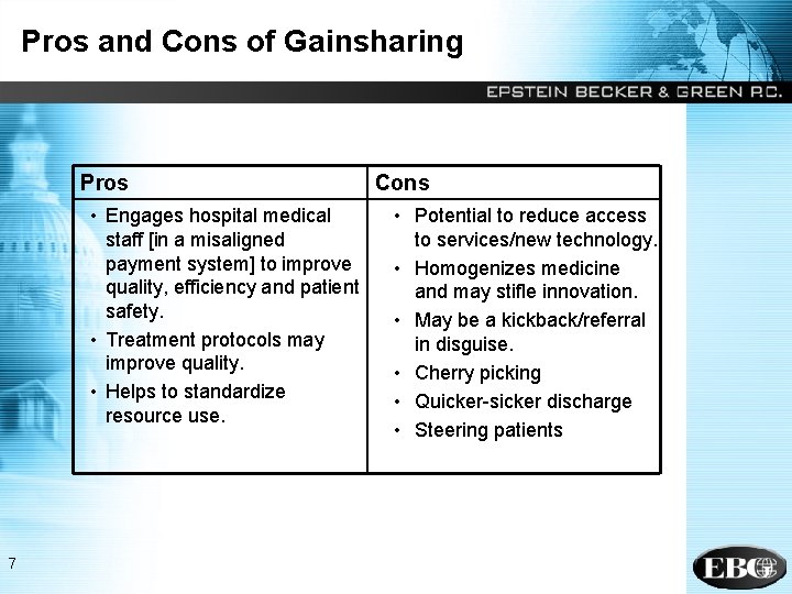 Pros and Cons of Gainsharing Pros • Engages hospital medical staff [in a misaligned
