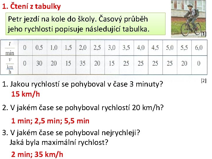 1. Čtení z tabulky Petr jezdí na kole do školy. Časový průběh jeho rychlosti 1. Čtení z tabulky Petr jezdí na kole do školy. Časový průběh jeho rychlosti