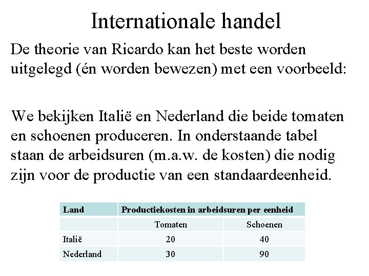 Internationale handel De theorie van Ricardo kan het beste worden uitgelegd (én worden bewezen)