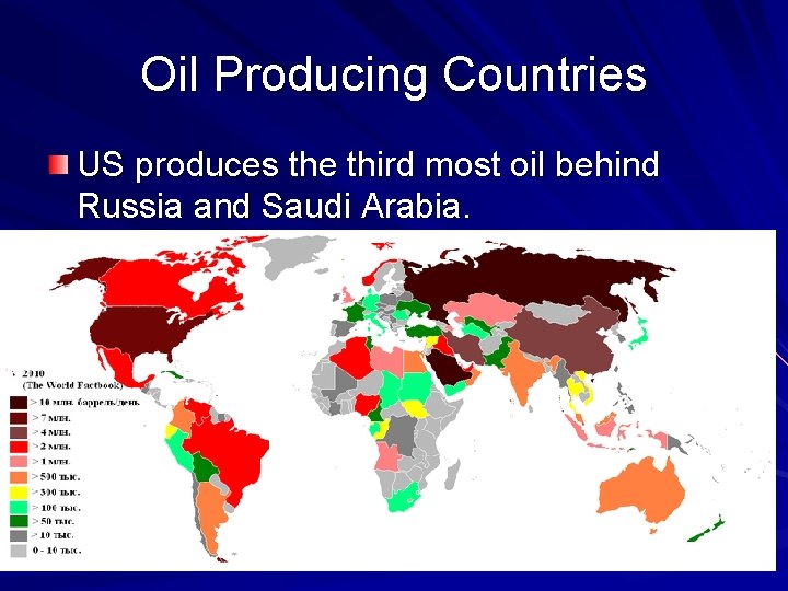 Oil Producing Countries US produces the third most oil behind Russia and Saudi Arabia.