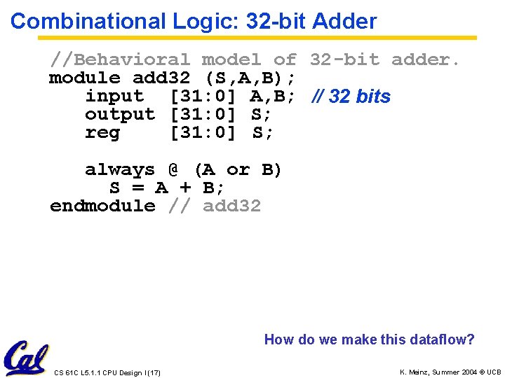 Combinational Logic: 32 -bit Adder //Behavioral model of 32 -bit adder. module add 32